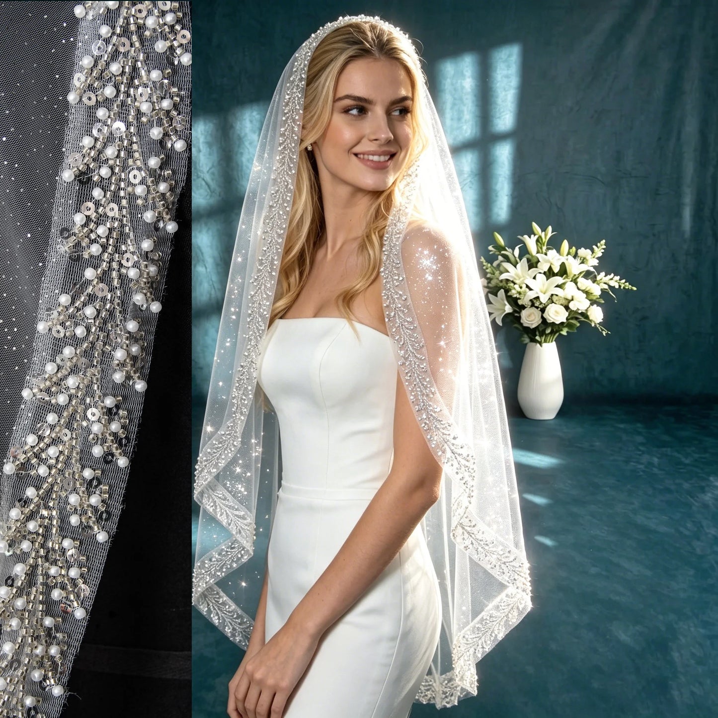 Bridal Veil with Pearl & Crystal Beads Edge 1 Tier Sheer Glitter Tulle Wedding Veil with Comb