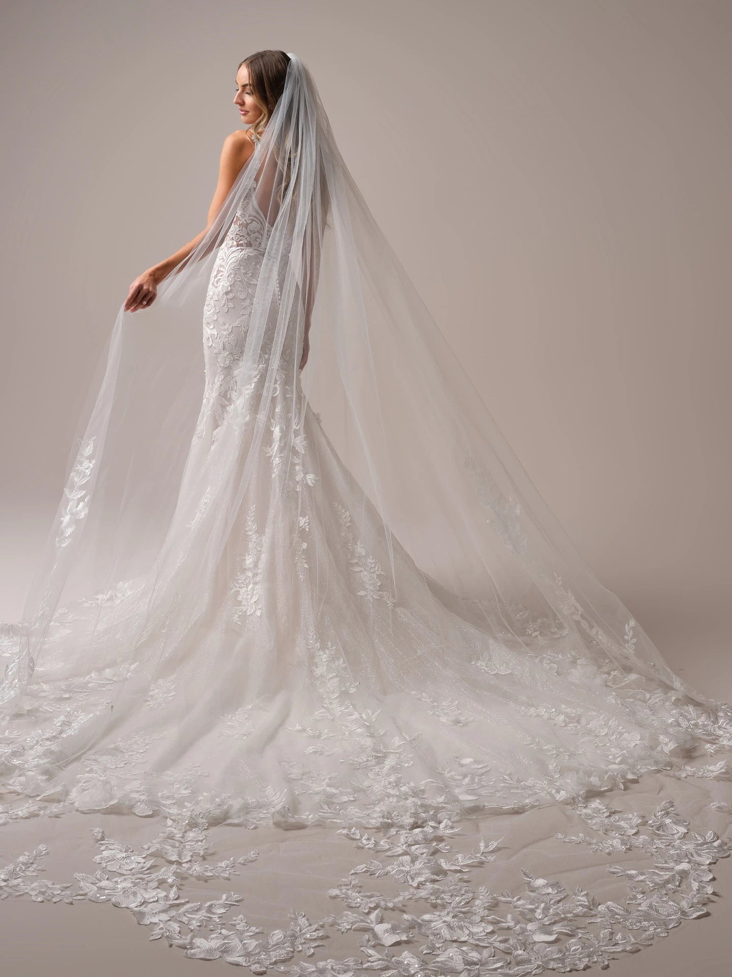 Cathedral Wedding Veil Elegant French Alencon Lace 3 Meters Long Embroidered Tulle Soft Bridal Veil with Comb (Ivory/White)