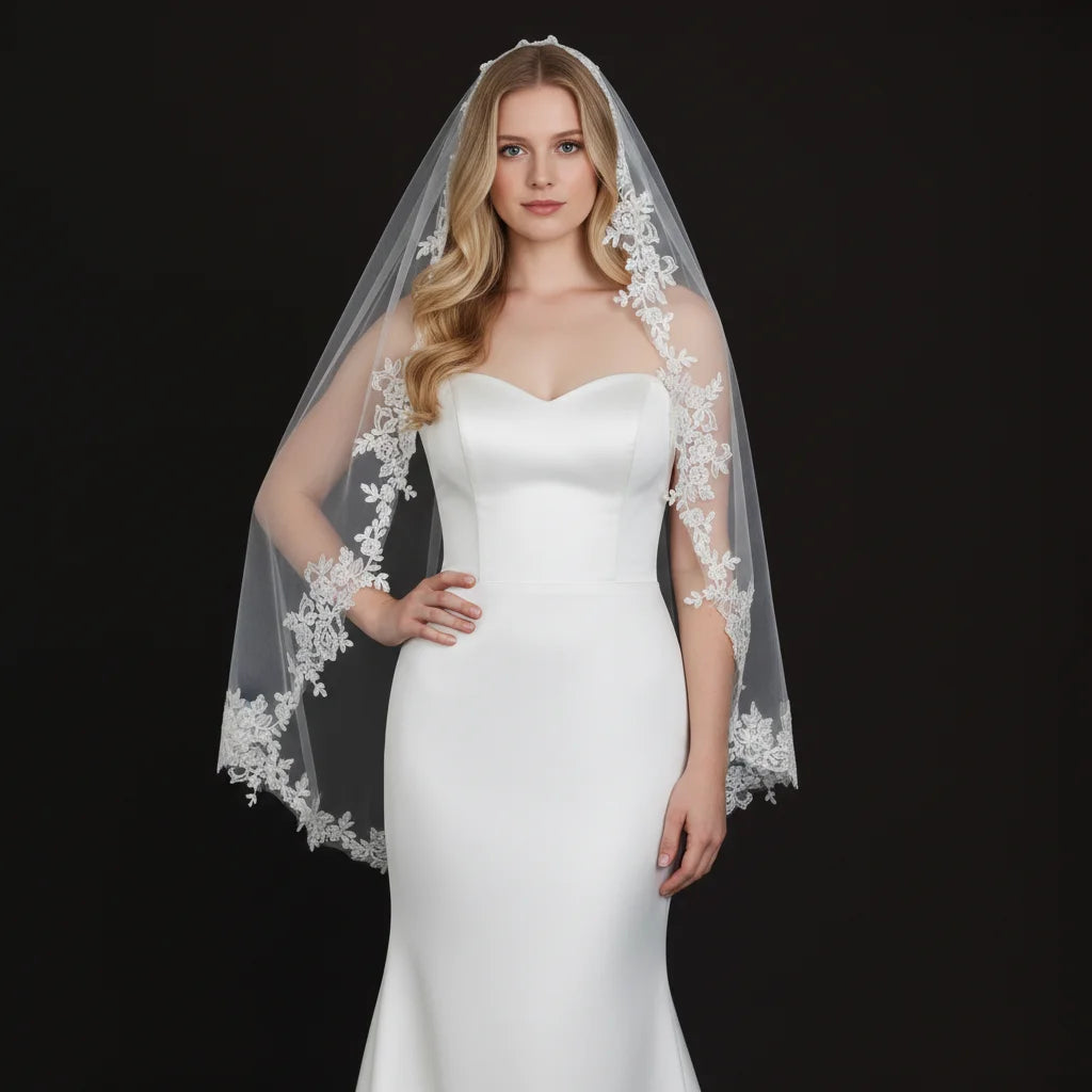 Elegant Bridal Veil with Exquisite Floral Lace Trim Soft Tulle Weddin