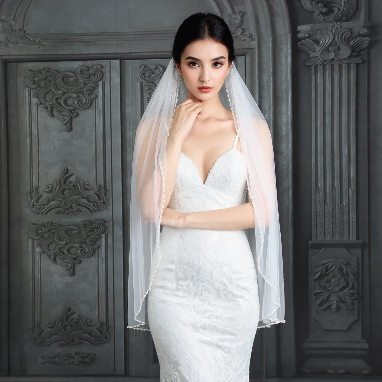 Handmade Pearl Beaded Bridal Veil - Luxury Fingertip Length Soft Tulle Wedding Veil with Delicate Edge Trim