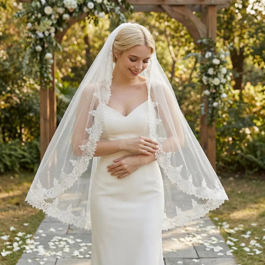 1 Layer Shoulder-Length Bridal Veil with Comb Delicate Floral Lace Embroidery