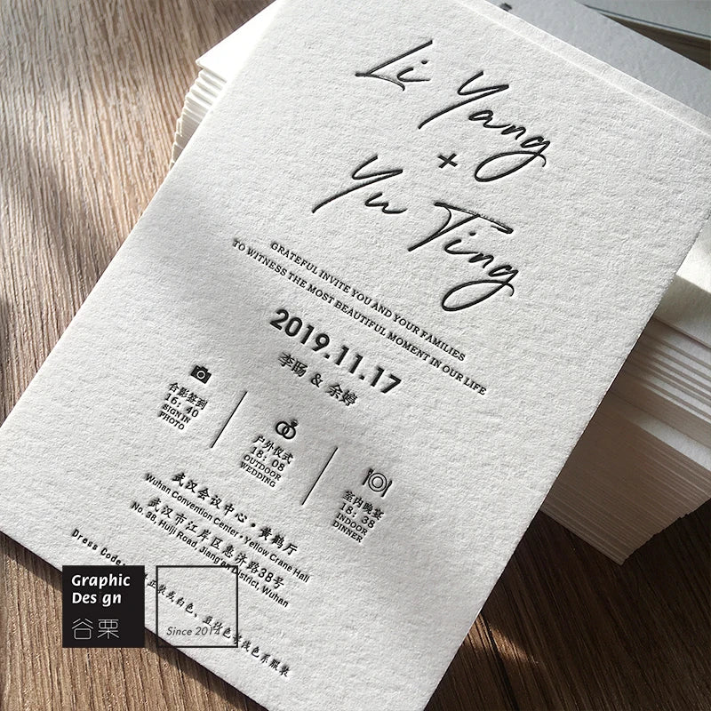 600GSM White Cotton Paper Letterpress Customized Design Top Upscale Wedding Invitation Cards Personalized