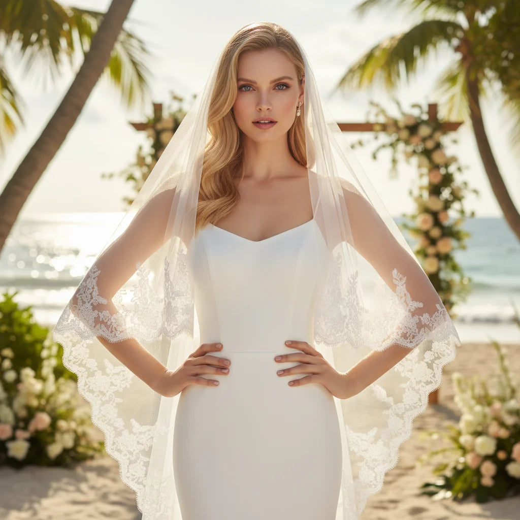 Cathedral Length Bridal Veil with Intricate Lace 2 Tier Wedding Veil