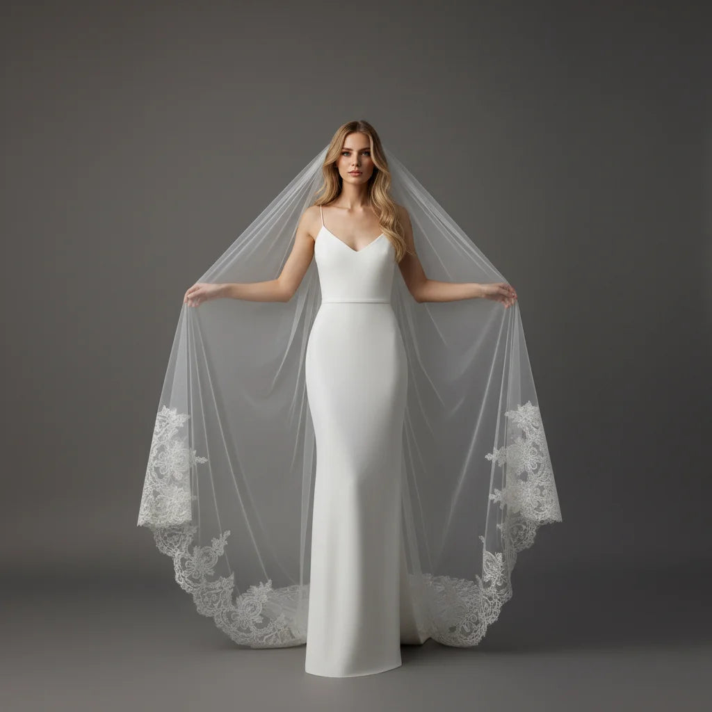 Cathedral Bridal Wedding Veil Lace Trimmed Luxurious 300cm Long Train