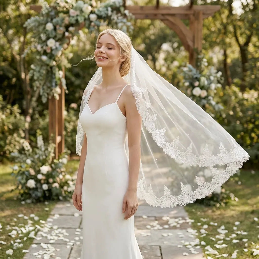 1 Layer Shoulder-Length Bridal Veil with Comb Delicate Floral Lace Embroidery