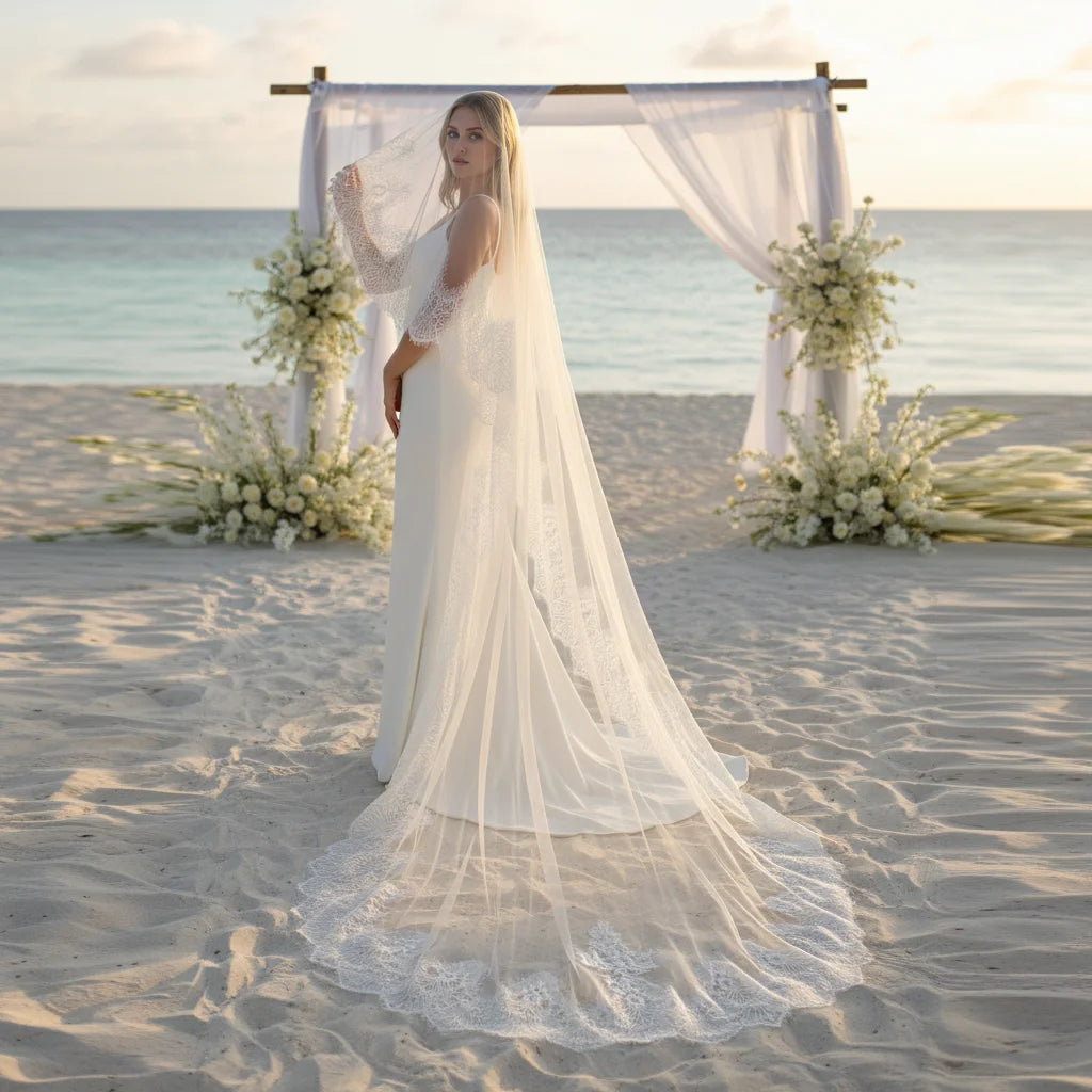 Luxury Cathedral Bridal Veil with Full Lace Trim Long Train Elegant Sheer Wedding Headpiece