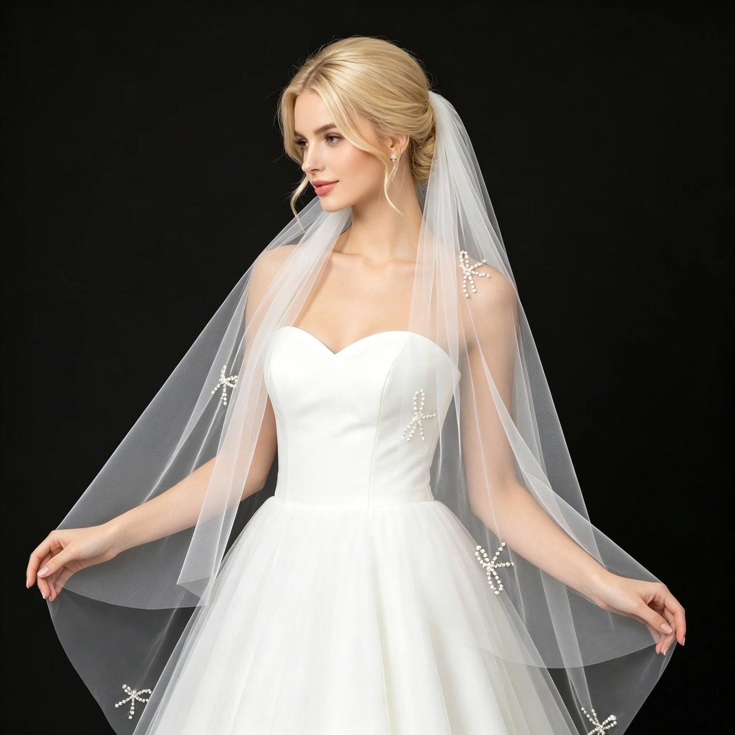 Pearl Bowknot Applique Bridal Veil Mid-Length Soft Tulle