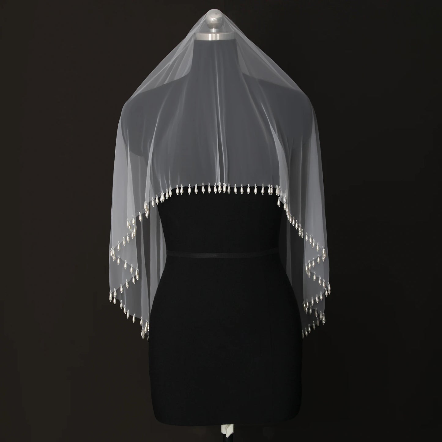 Teardrop Pearl Edge Wedding Veil 2 Tier Fingertip Length Soft Tulle with Comb
