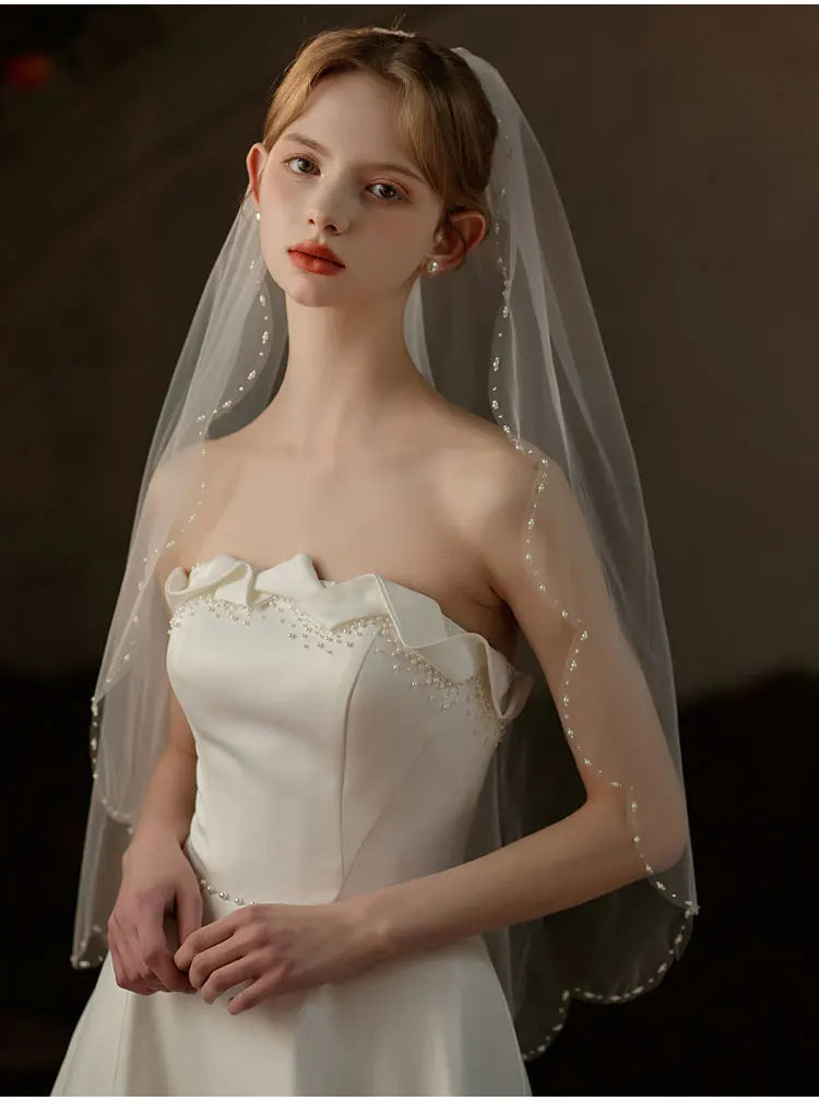 Exquisite Bridal Veil for Wedding Dress One-Layer Handmade Beading Edge