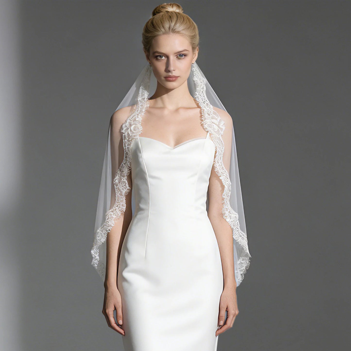 Lace Trim Tulle Wedding Veil White Ivory Bridal Veil Cathedral Length