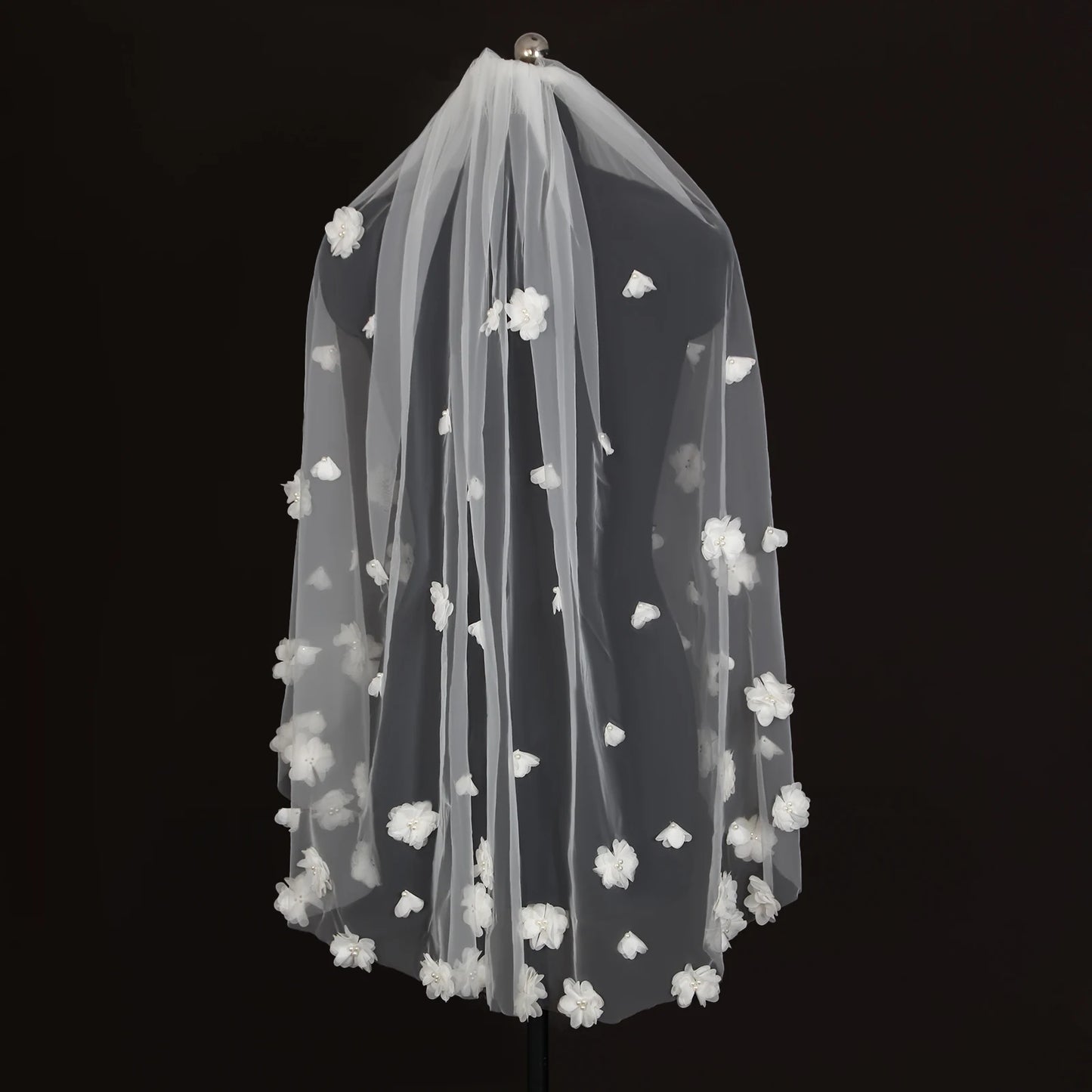 3D Flower Wedding Veil Hip Length Tulle Bridal Veil White Ivory Romantic Elegant