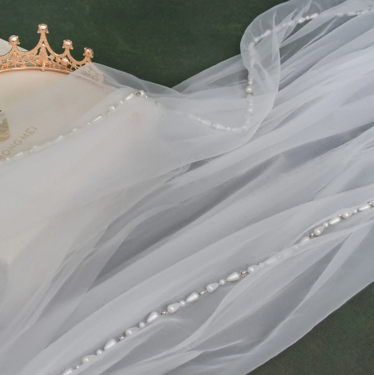 Handmade Pearl Beaded Bridal Veil - Luxury Fingertip Length Soft Tulle Wedding Veil with Delicate Edge Trim