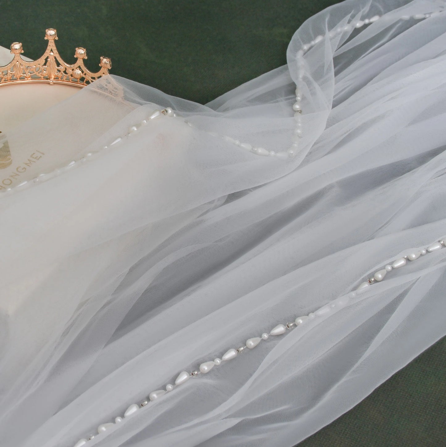 Handmade Pearl Beaded Bridal Veil - Luxury Fingertip Length Soft Tulle Wedding Veil with Delicate Edge Trim