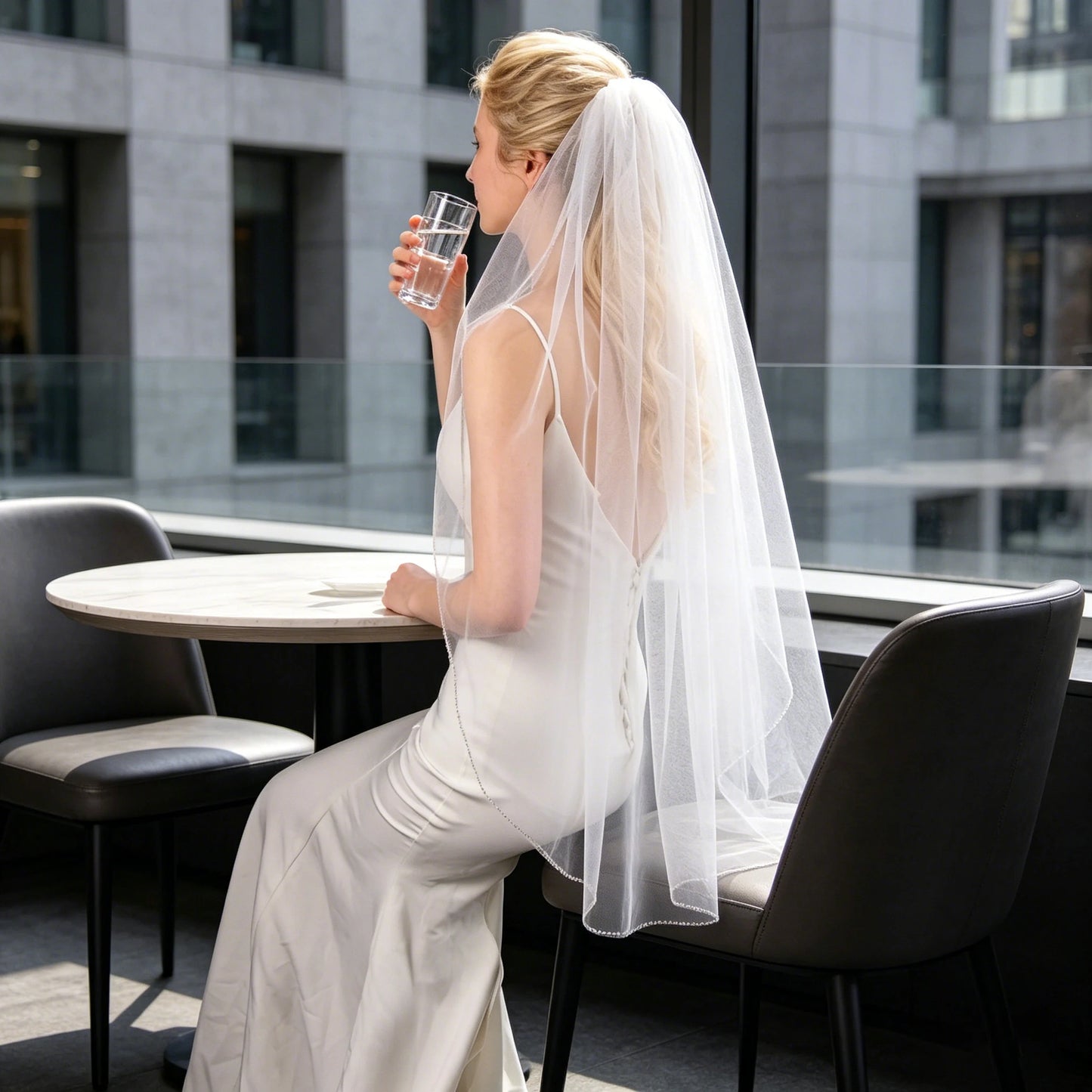 Modern Bridal Veil with Tube Beads Edge for Elegant Wedding with Comb