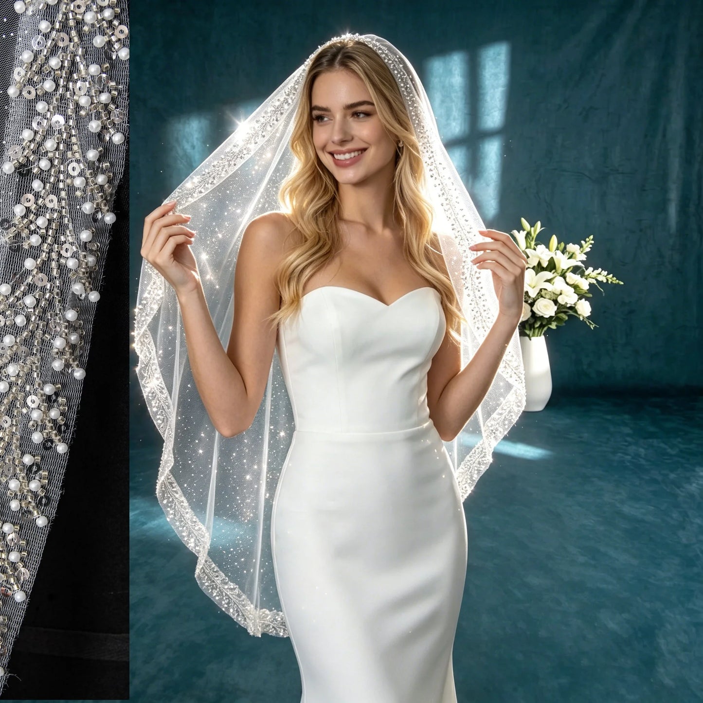 Bridal Veil with Pearl & Crystal Beads Edge 1 Tier Sheer Glitter Tulle Wedding Veil with Comb