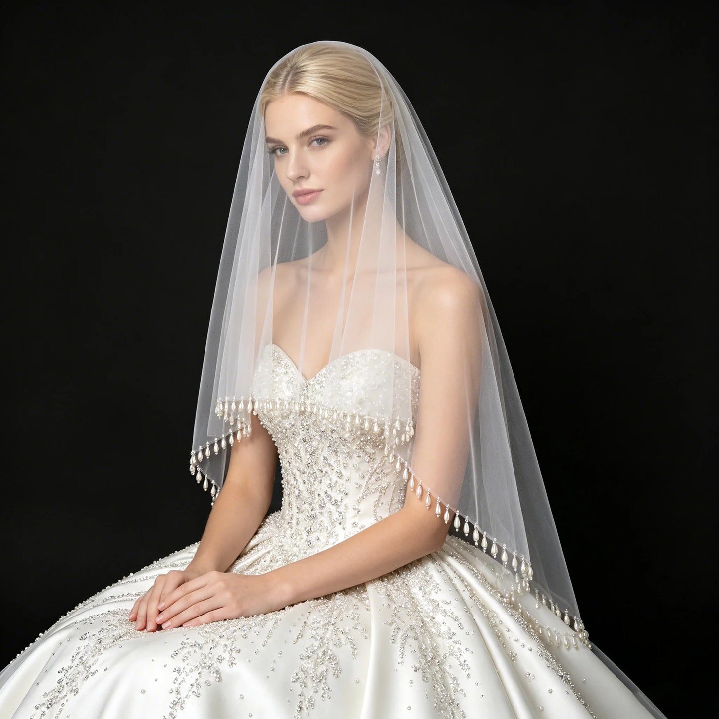 Teardrop Pearl Edge Wedding Veil 2 Tier Fingertip Length Soft Tulle with Comb
