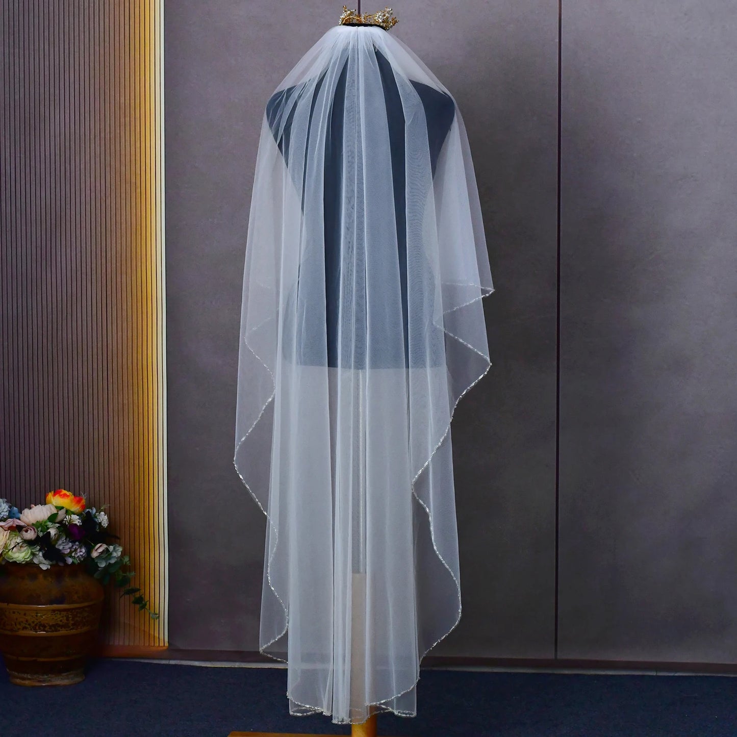 Waltz Length Bridal Veil Crystal Beaded Edge Soft Tulle Wedding Veil with Comb, One-Tier Veil