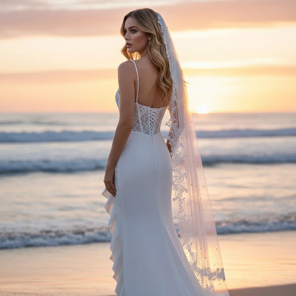 Luxury Wedding Veil for Bride White Tulle Bridal Headpiece with Floral Lace Applique & Pearl Embellishment