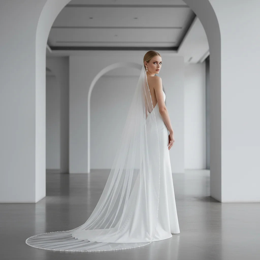 Elegant Crystal-Embellished Single Layer Elbow-Length Wedding Veil with Lace Trim