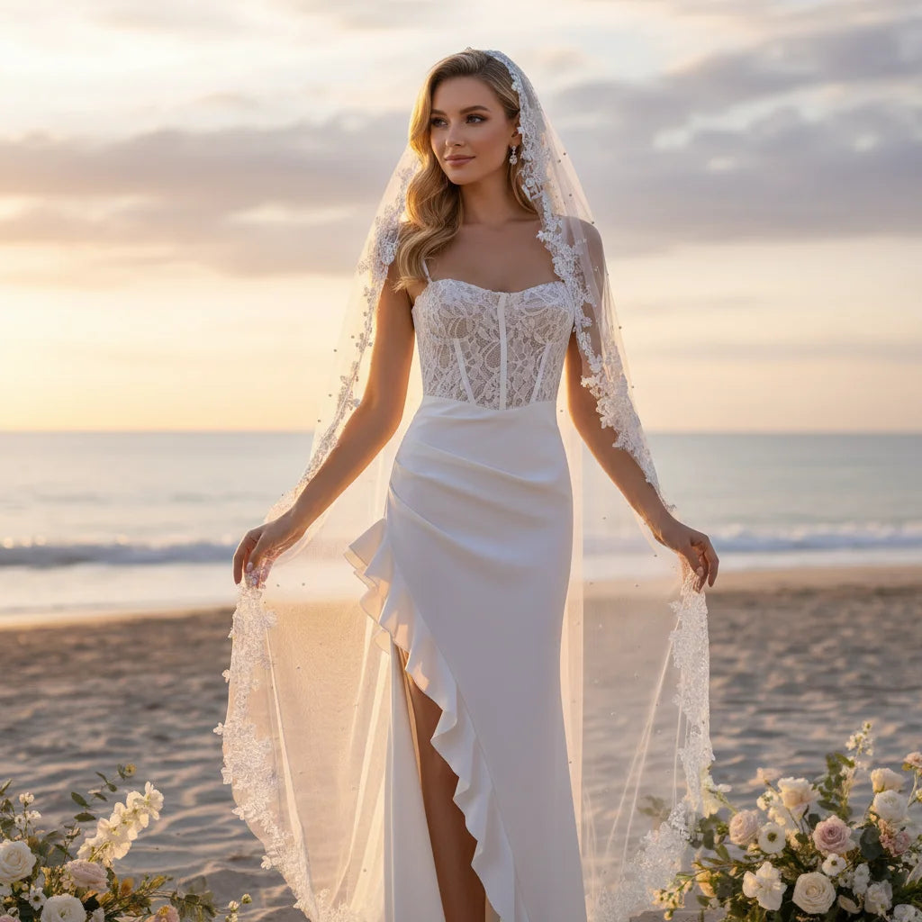 Luxury Wedding Veil for Bride White Tulle Bridal Headpiece with Floral Lace Applique & Pearl Embellishment