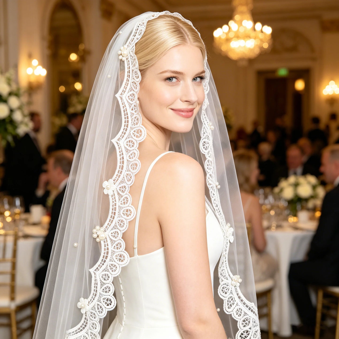 Short Wedding Veil 1 Tier Lace Bridal Veils Scallop Leaf Trim Soft Tulle