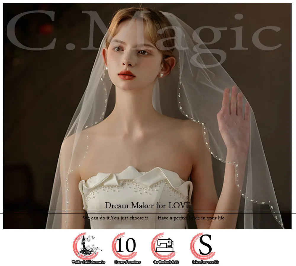 Exquisite Bridal Veil for Wedding Dress One-Layer Handmade Beading Edge