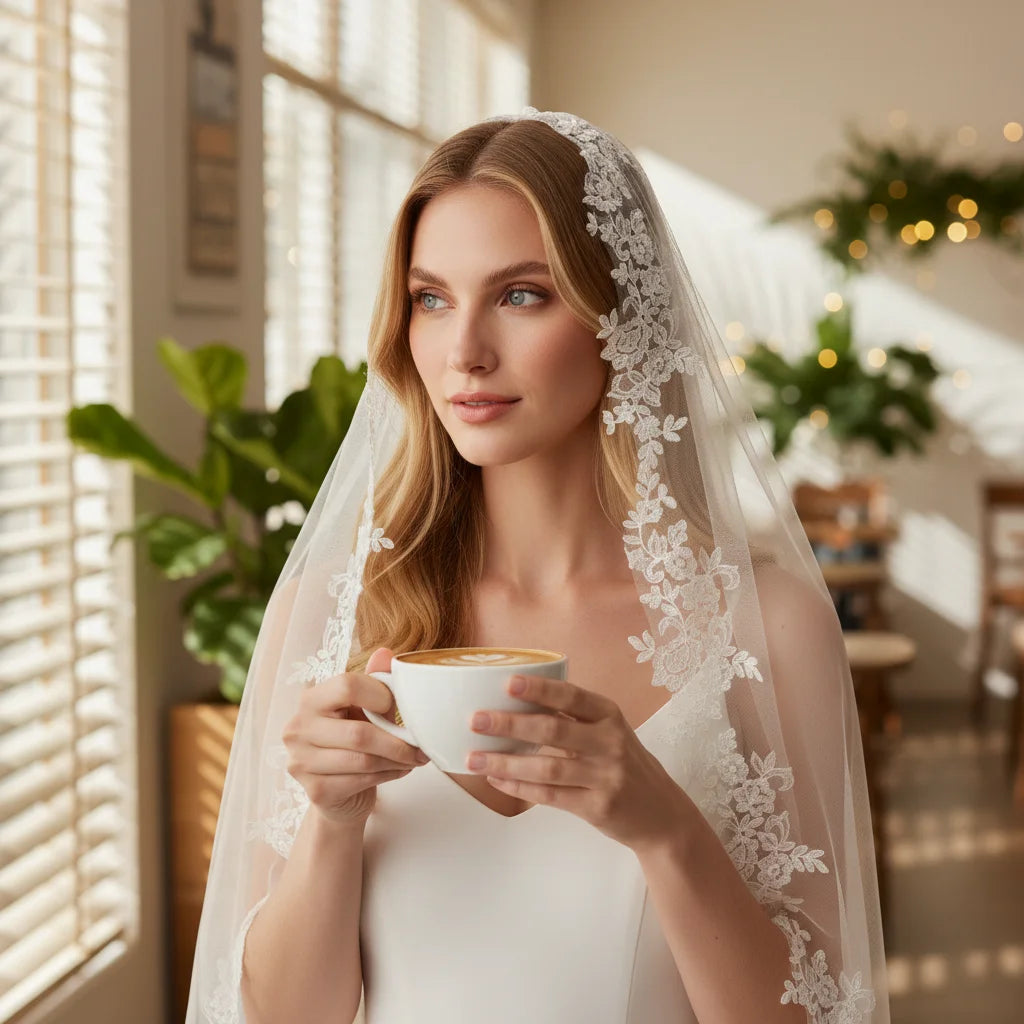 Elegant Bridal Veil with Exquisite Floral Lace Trim Soft Tulle Weddin