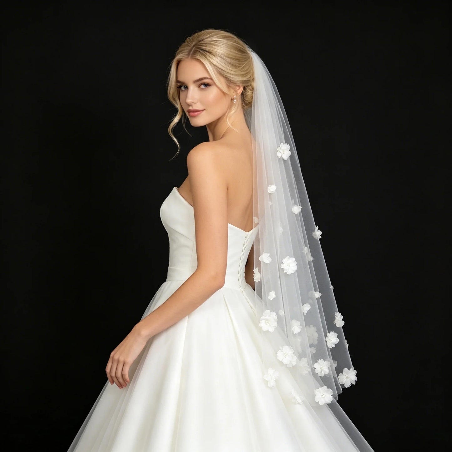 3D Flower Wedding Veil Hip Length Tulle Bridal Veil White Ivory Romantic Elegant