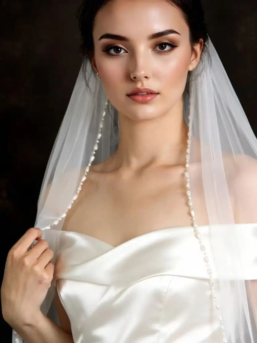 Handmade Pearl Beaded Bridal Veil - Luxury Fingertip Length Soft Tulle Wedding Veil with Delicate Edge Trim