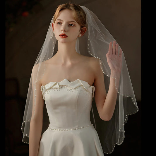 Exquisite Bridal Veil for Wedding Dress One-Layer Handmade Beading Edge
