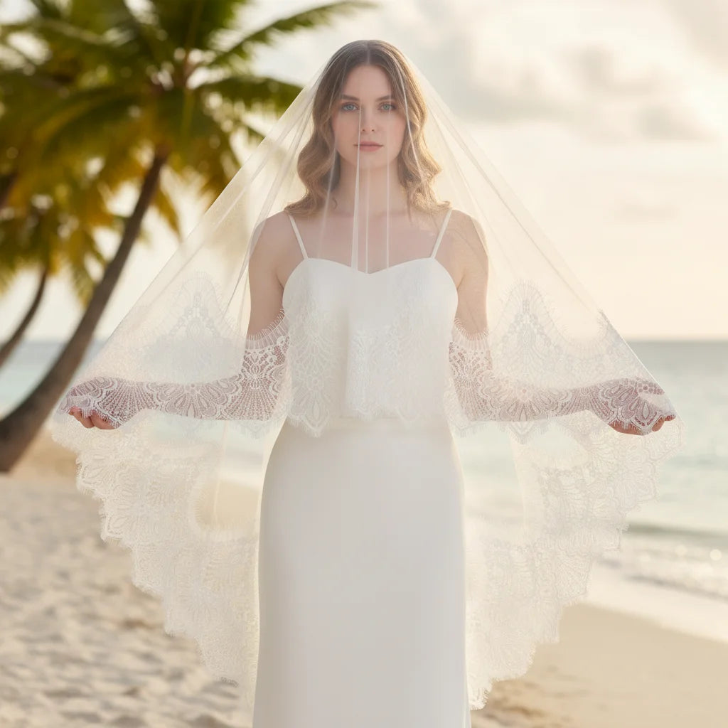 Luxury Cathedral Bridal Veil with Full Lace Trim Long Train Elegant Sheer Wedding Headpiece