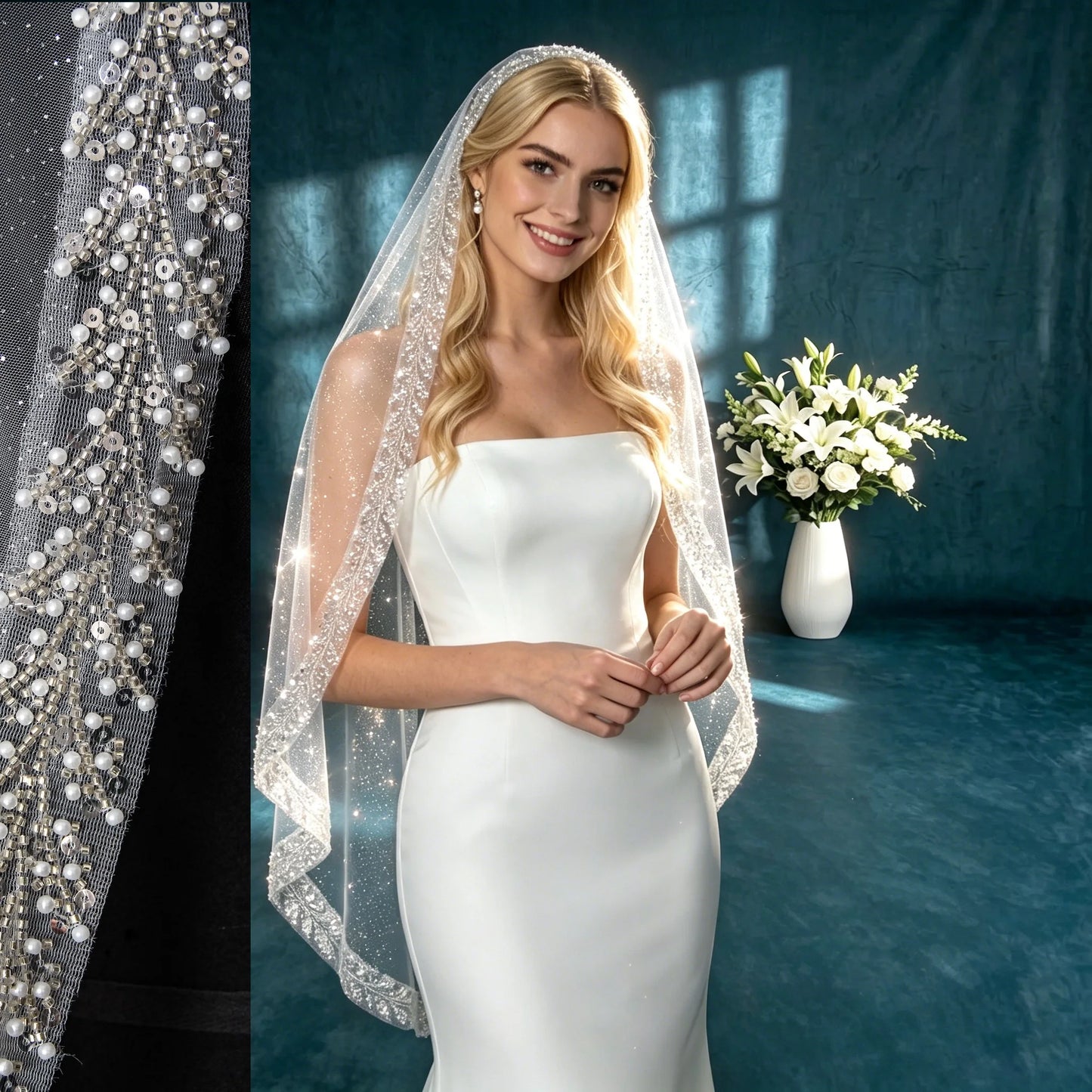 Bridal Veil with Pearl & Crystal Beads Edge 1 Tier Sheer Glitter Tulle Wedding Veil with Comb