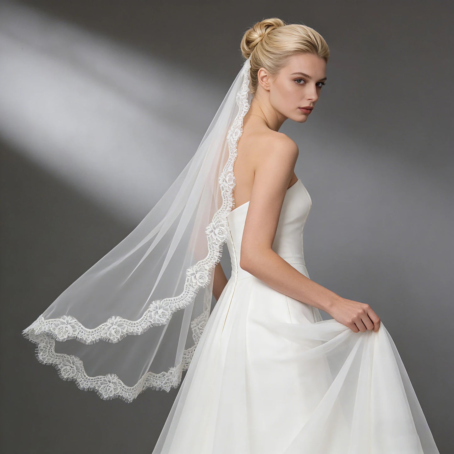 Lace Trim Tulle Wedding Veil White Ivory Bridal Veil Cathedral Length