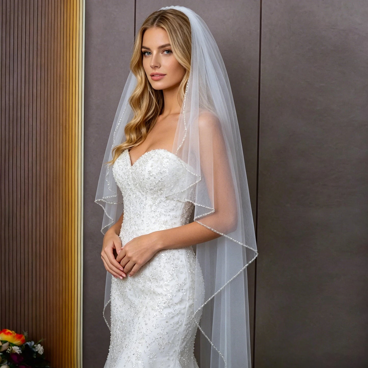 Waltz Length Bridal Veil Crystal Beaded Edge Soft Tulle Wedding Veil with Comb, One-Tier Veil