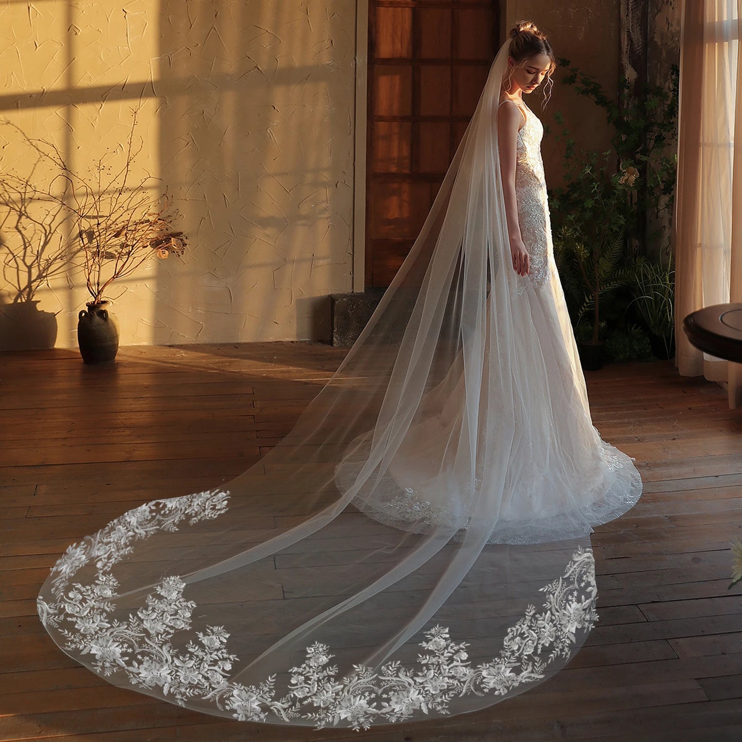 Cathedral Wedding Veil Elegant French Alencon Lace 3 Meters Long Embroidered Tulle Soft Bridal Veil with Comb (Ivory/White)