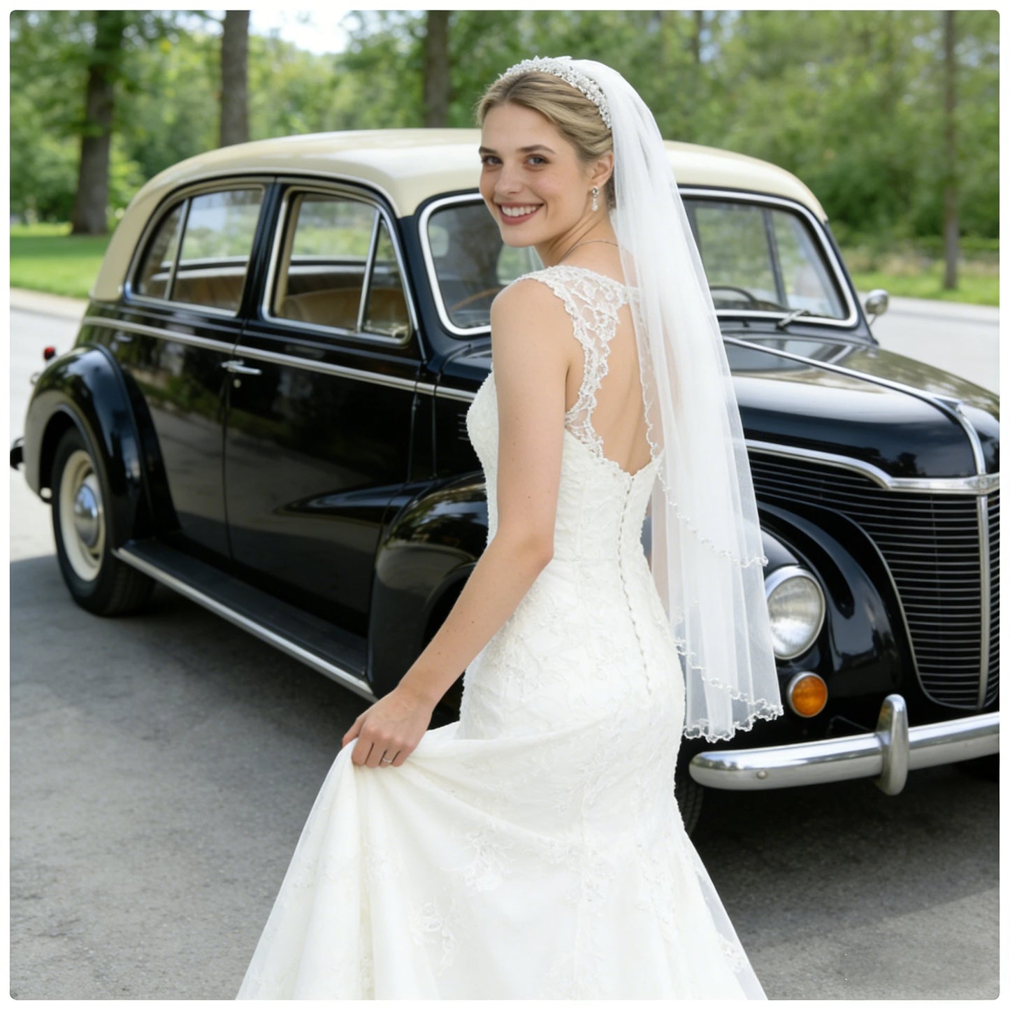 Elegant 2 Tier Wedding Veil with Crystal Edge Bridal Veils Cover Front and Back of Wedding Dresses