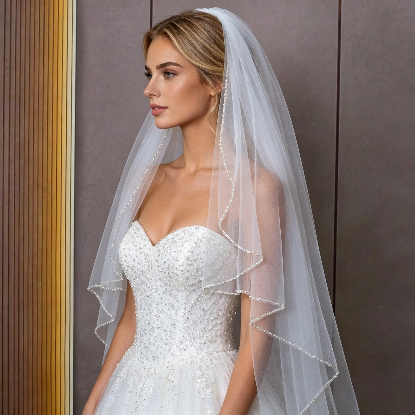 Waltz Length Bridal Veil Crystal Beaded Edge Soft Tulle Wedding Veil with Comb, One-Tier Veil