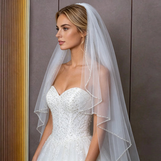 Waltz Length Bridal Veil Crystal Beaded Edge Soft Tulle Wedding Veil with Comb, One-Tier Veil