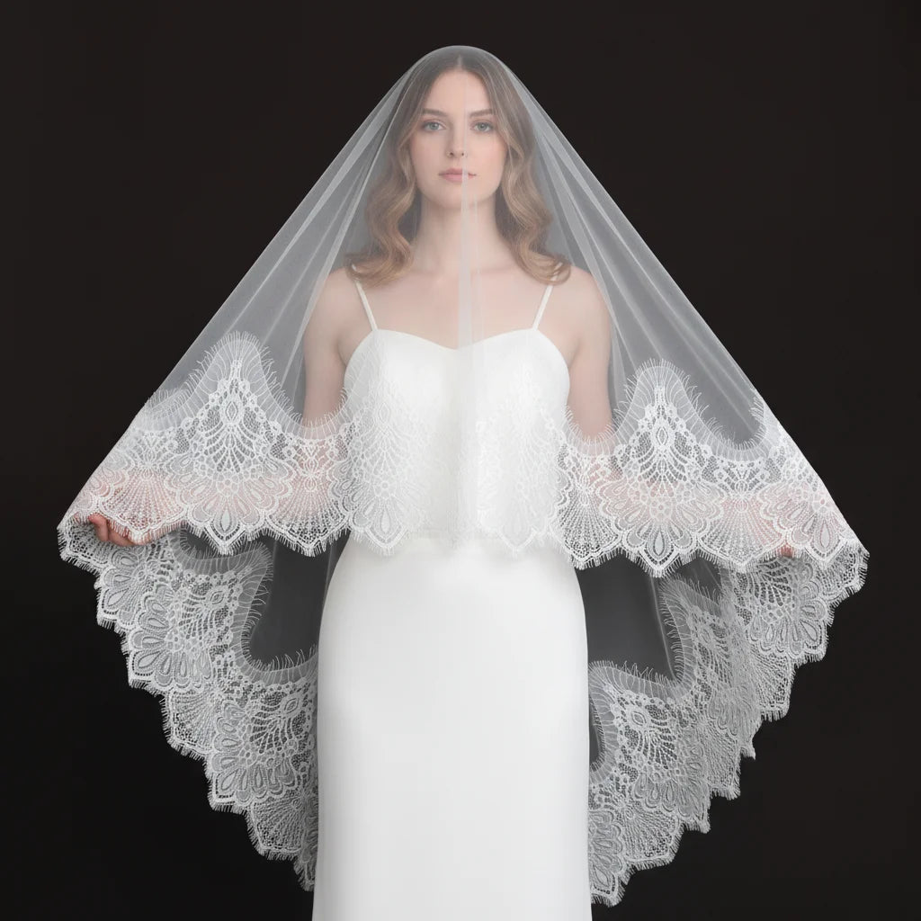Luxury Cathedral Bridal Veil with Full Lace Trim Long Train Elegant Sheer Wedding Headpiece