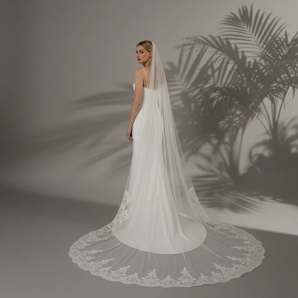 Cathedral Bridal Wedding Veil Lace Trimmed Luxurious 300cm Long Train