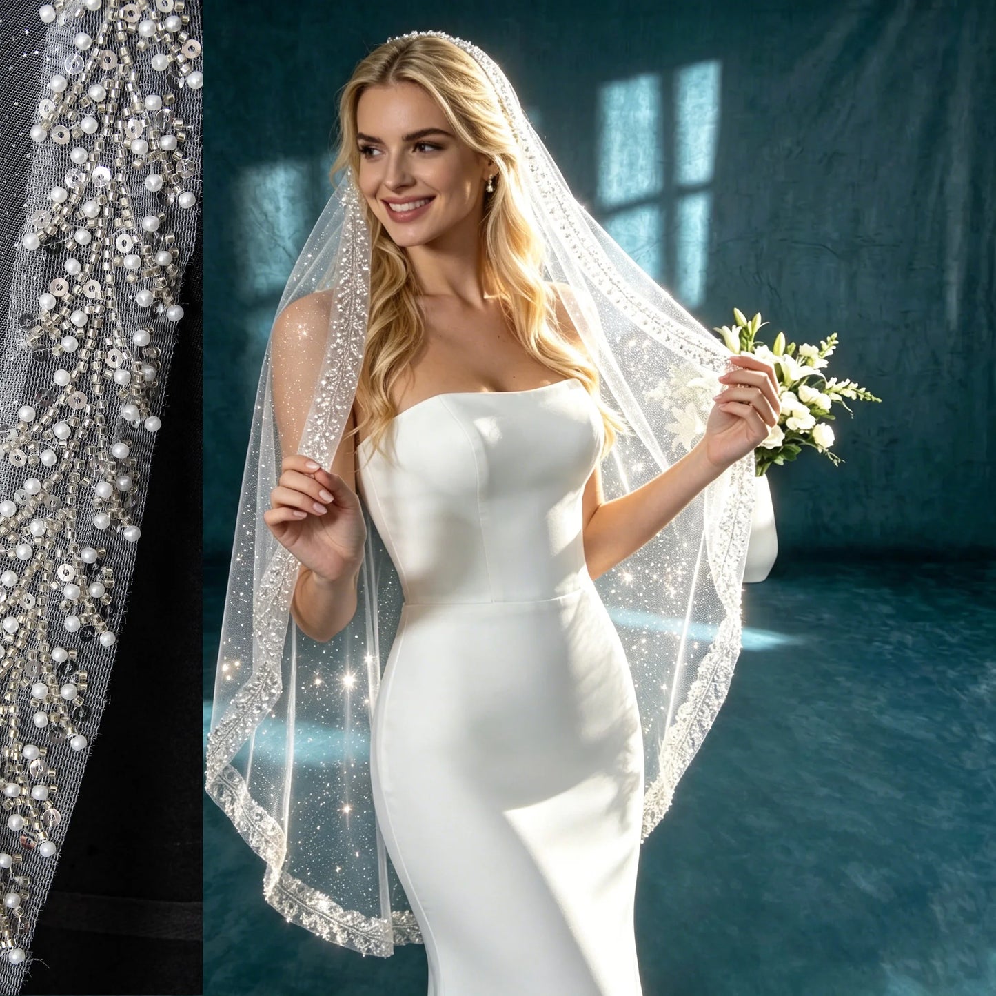 Bridal Veil with Pearl & Crystal Beads Edge 1 Tier Sheer Glitter Tulle Wedding Veil with Comb