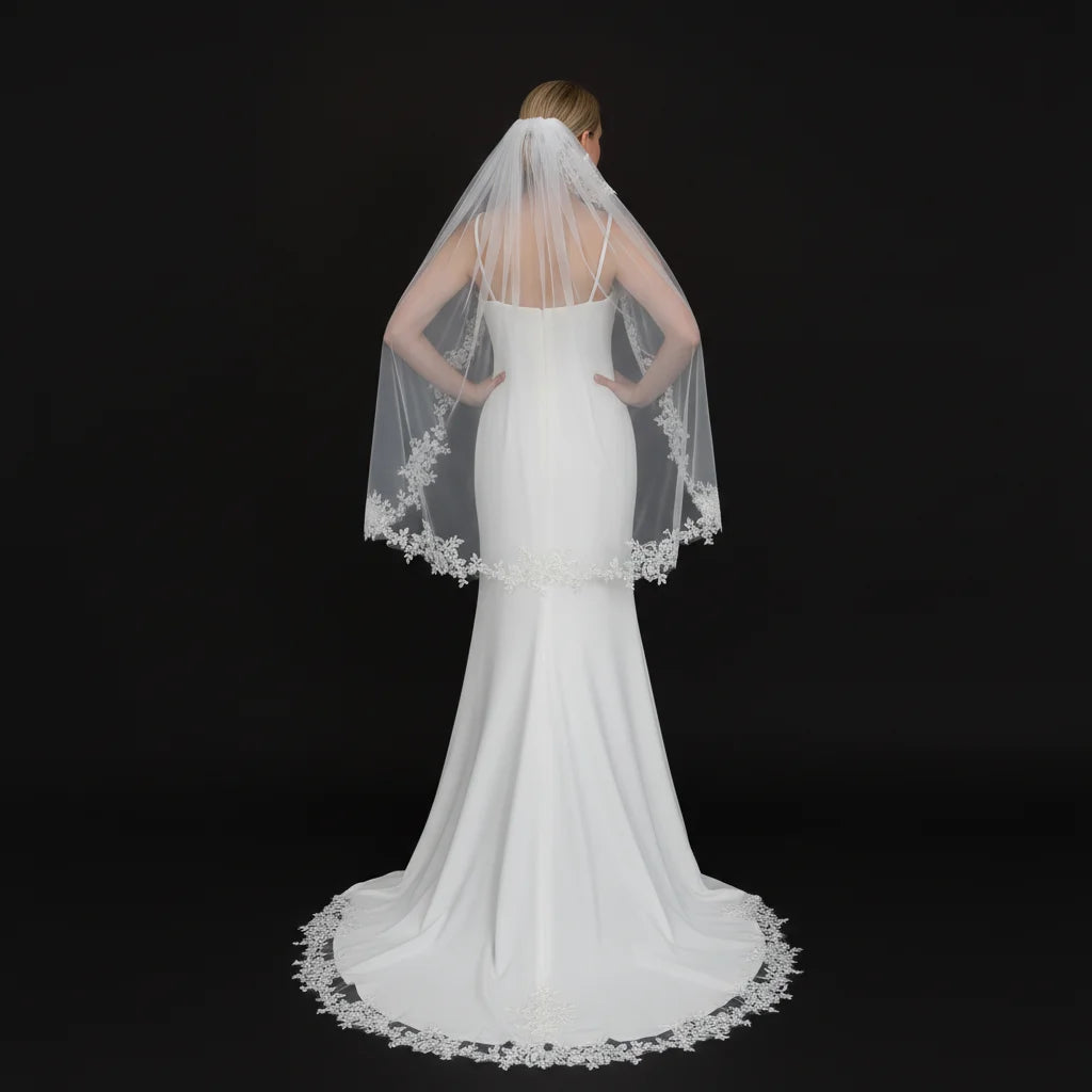 Elegant Bridal Veil with Exquisite Floral Lace Trim Soft Tulle Weddin