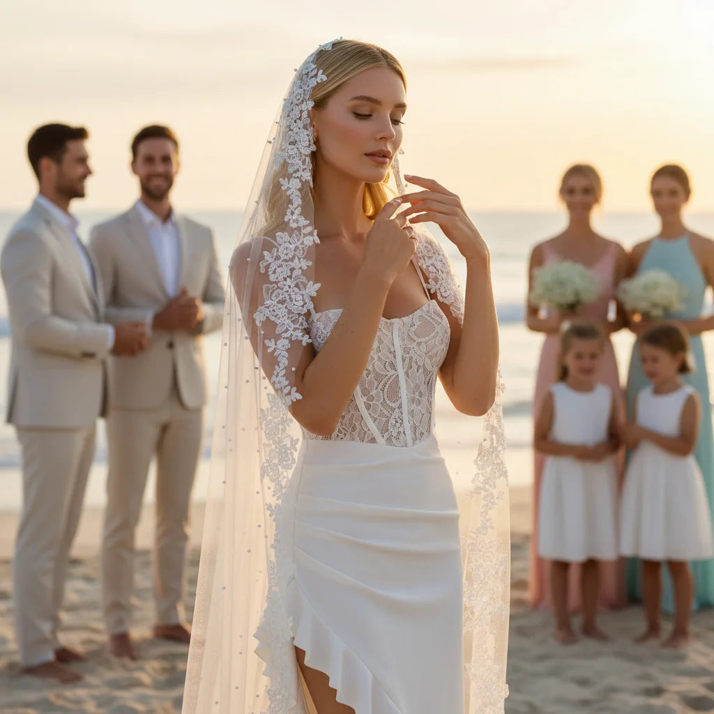 Luxury Wedding Veil for Bride White Tulle Bridal Headpiece with Floral Lace Applique & Pearl Embellishment