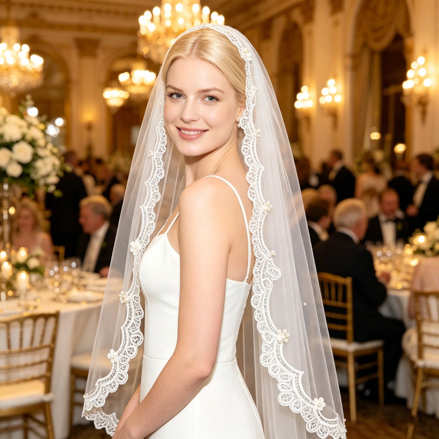 Short Wedding Veil 1 Tier Lace Bridal Veils Scallop Leaf Trim Soft Tulle
