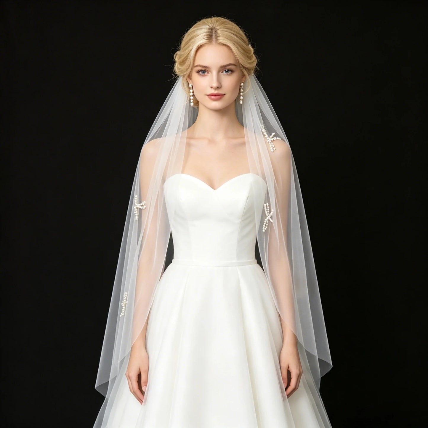Pearl Bowknot Applique Bridal Veil Mid-Length Soft Tulle