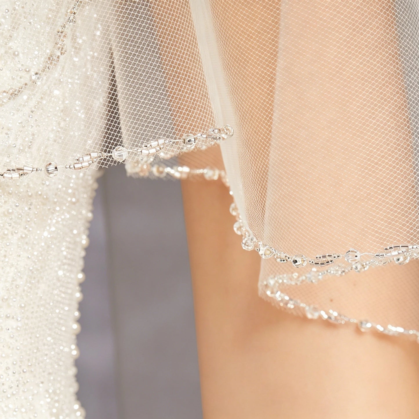 Waltz Length Bridal Veil Crystal Beaded Edge Soft Tulle Wedding Veil with Comb, One-Tier Veil