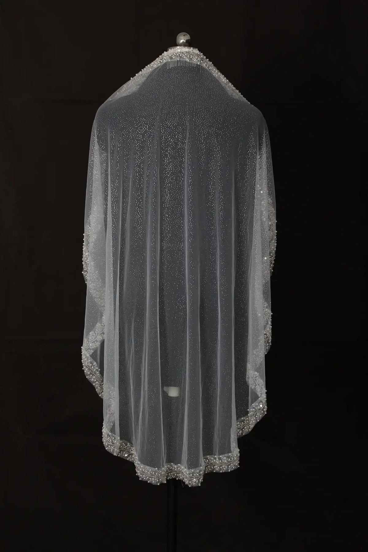Bridal Veil with Pearl & Crystal Beads Edge 1 Tier Sheer Glitter Tulle Wedding Veil with Comb