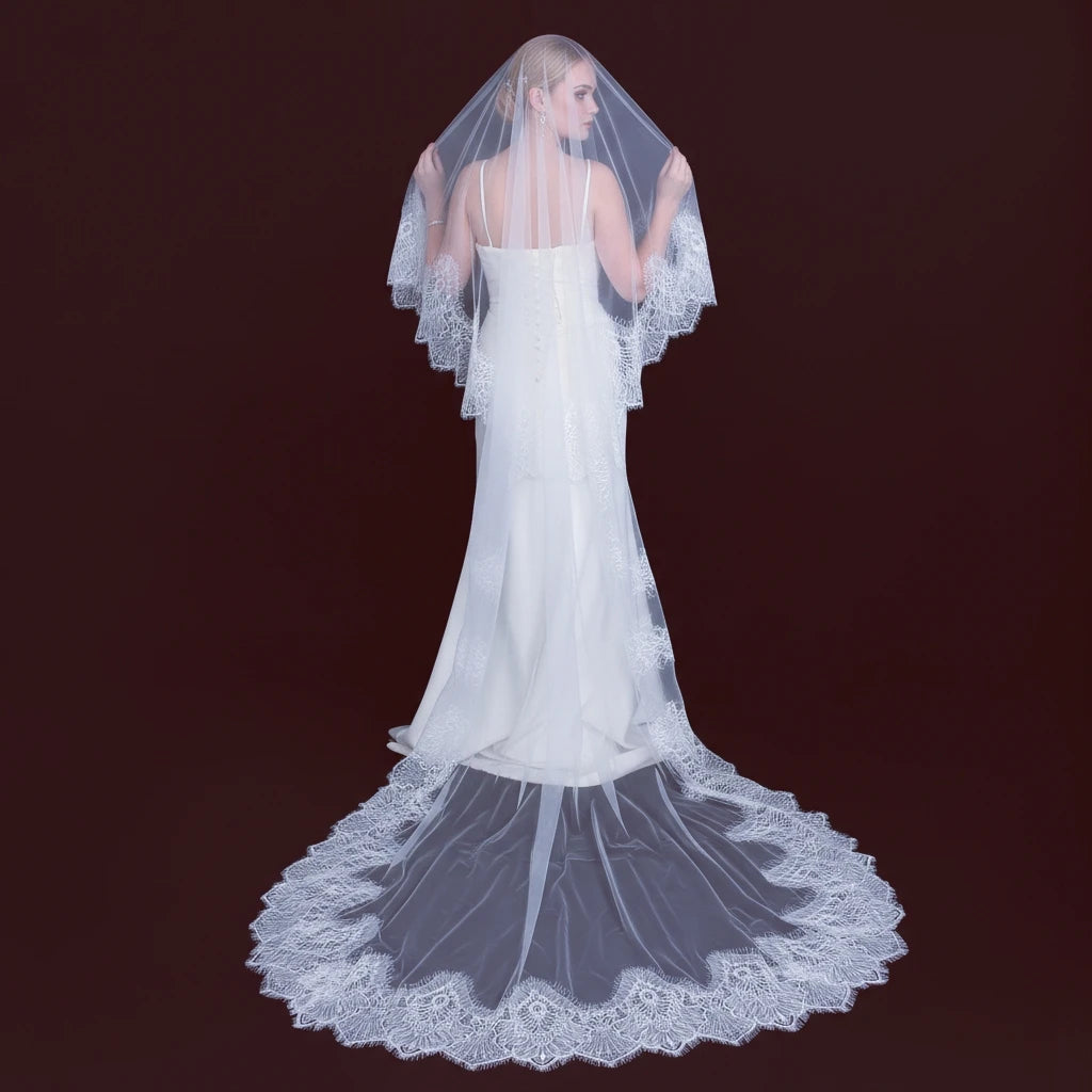 Luxury Cathedral Bridal Veil with Full Lace Trim Long Train Elegant Sheer Wedding Headpiece