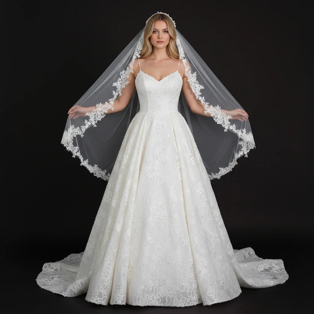 Elegant Bridal Veil with Exquisite Floral Lace Trim Soft Tulle Weddin
