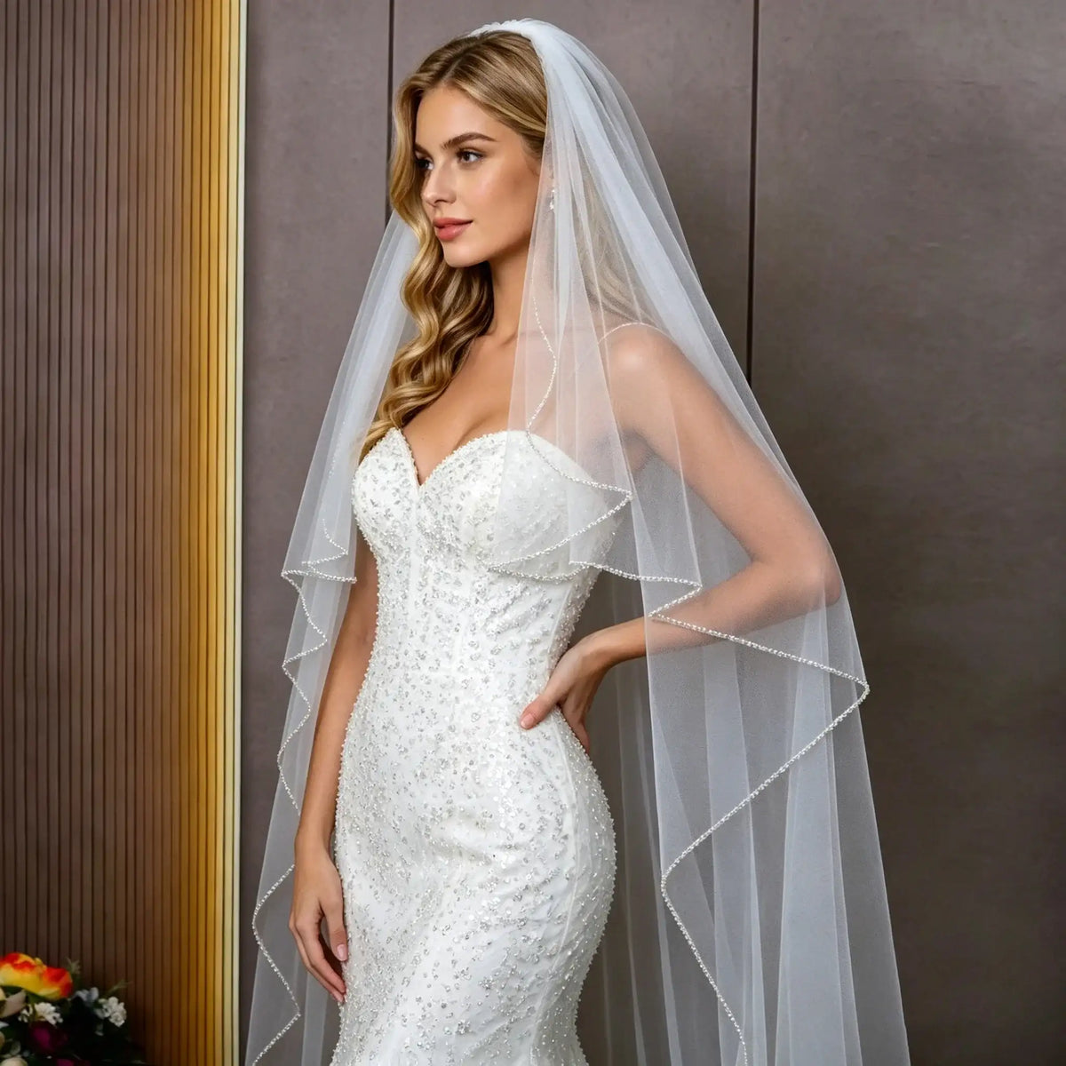 Waltz Length Bridal Veil Crystal Beaded Edge Soft Tulle Wedding Veil with Comb, One-Tier Veil